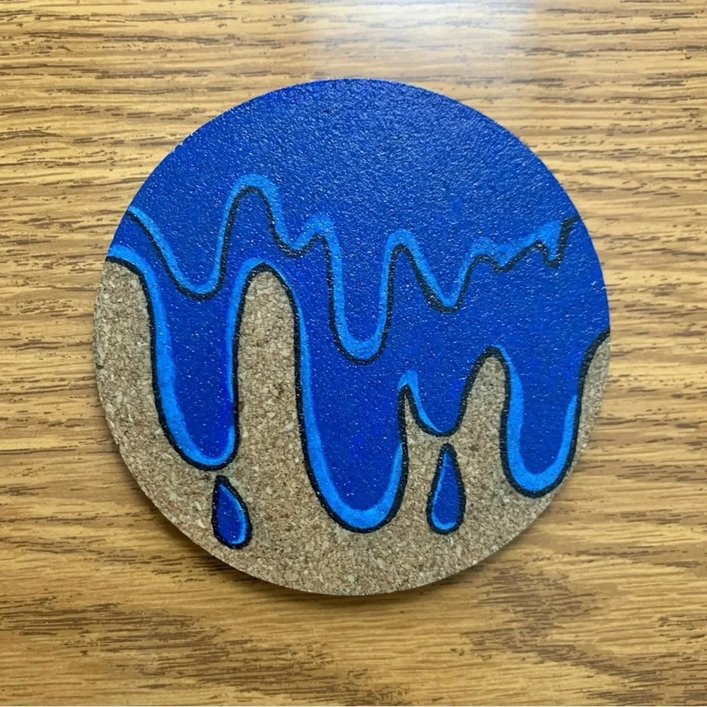 Blue Grime Drip Painted Cork Coaster